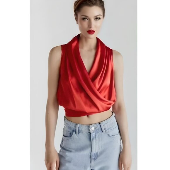 Zara Red Satin Effect Wrap Top Shirt Sz XS NWT - Picture 1 of 7